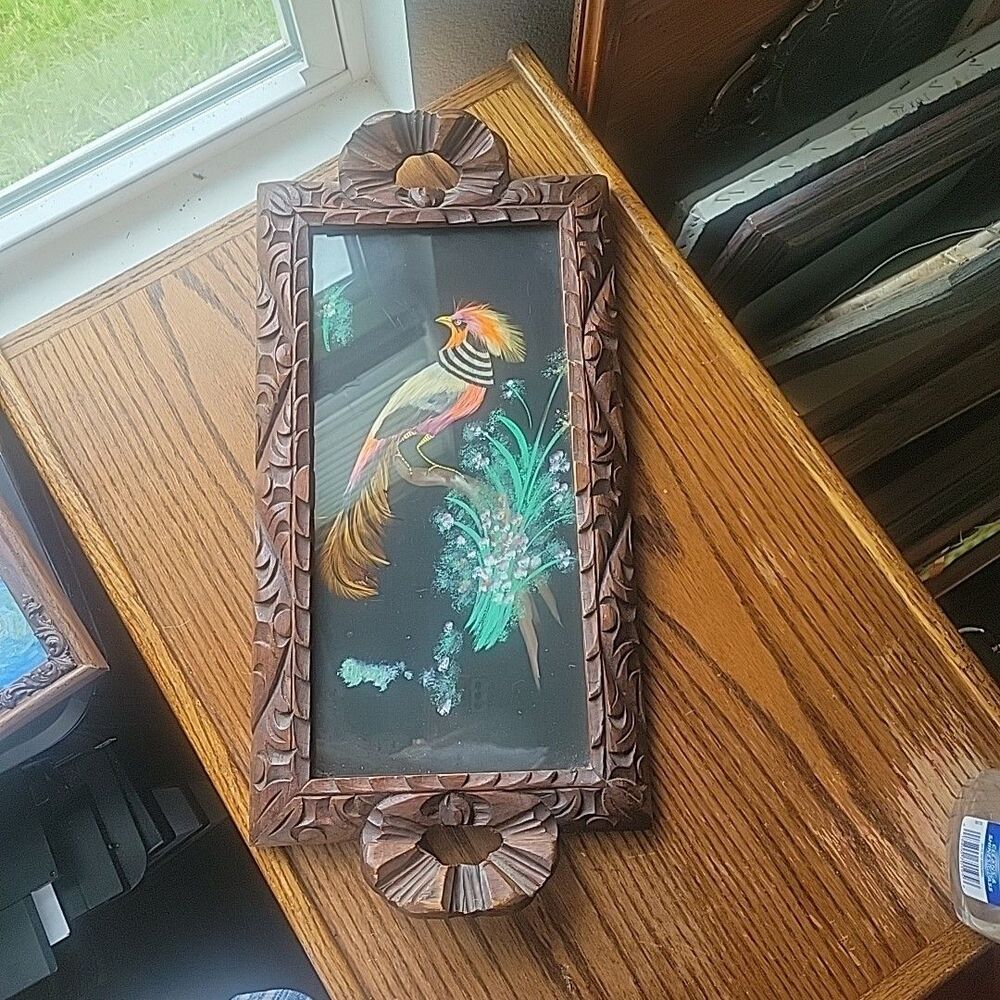 Vtg MCM Bird w/ Real Feathers Mexican Folk Art carved wood & glass tray  21"x10"